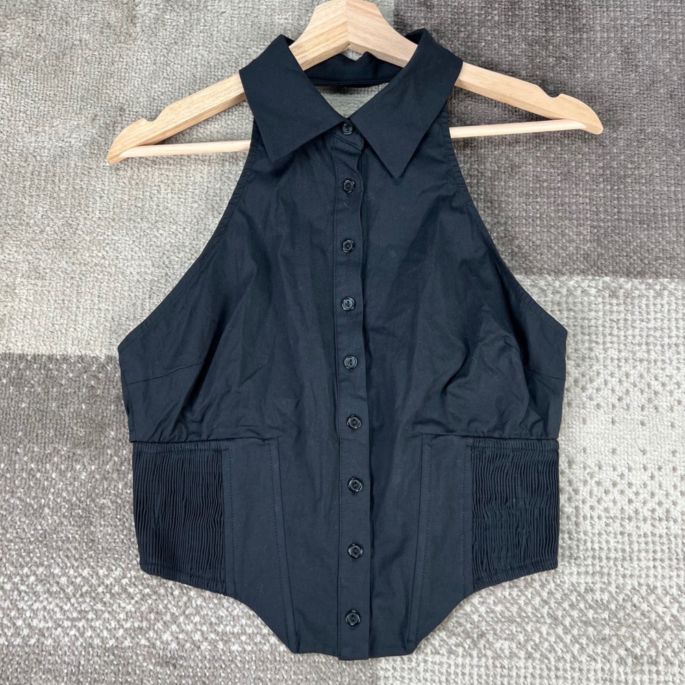 NWT Windsor Black Halter Button Down Corset‎ Crop Top Smocked Waist Womens M